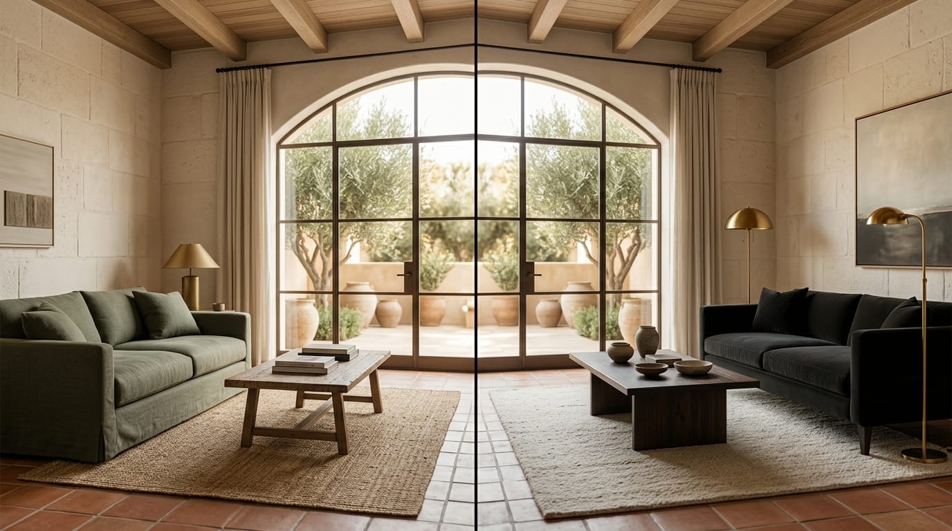 Split-screen view of two staging styles in the same modern living room — cover for A/B Test Listing Photos with AI Staging for More Leads