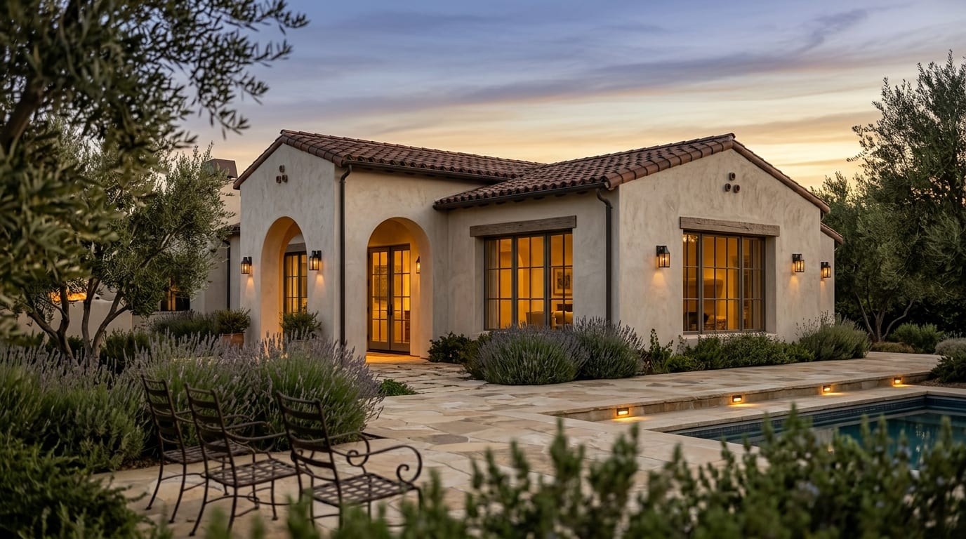 dramatic twilight exterior of a modern spanish villa — cover for AI Day to Dusk Conversion for Real Estate Photos