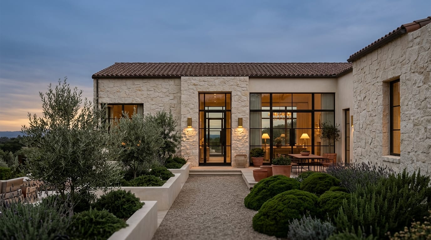 A modern house exterior at twilight, with warm interior lights glowing — cover for AI Day to Dusk Photo Conversion Guide