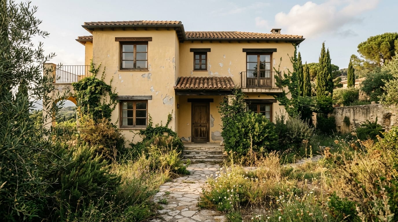 A dated home exterior with faded yellow paint and an overgrown yard. — cover for Boost Curb Appeal with AI Exterior House Design