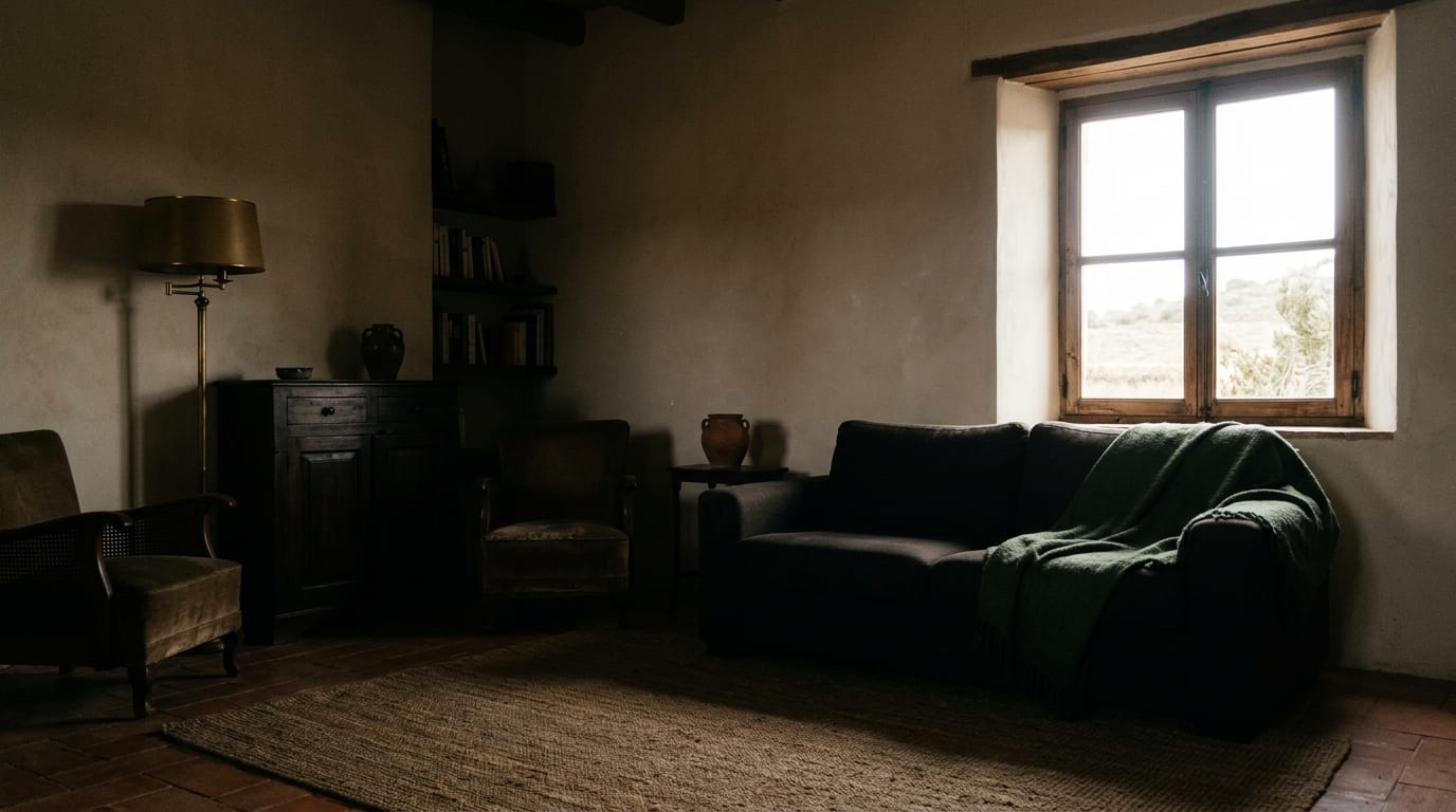 A poorly lit living room photo with dark corners and bright window glare — cover for AI Image Enhancement for Real estate Photos