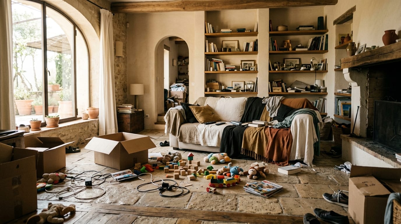 A cluttered living room with toys and boxes on the floor — cover for AI Object Removal for Real Estate Photos