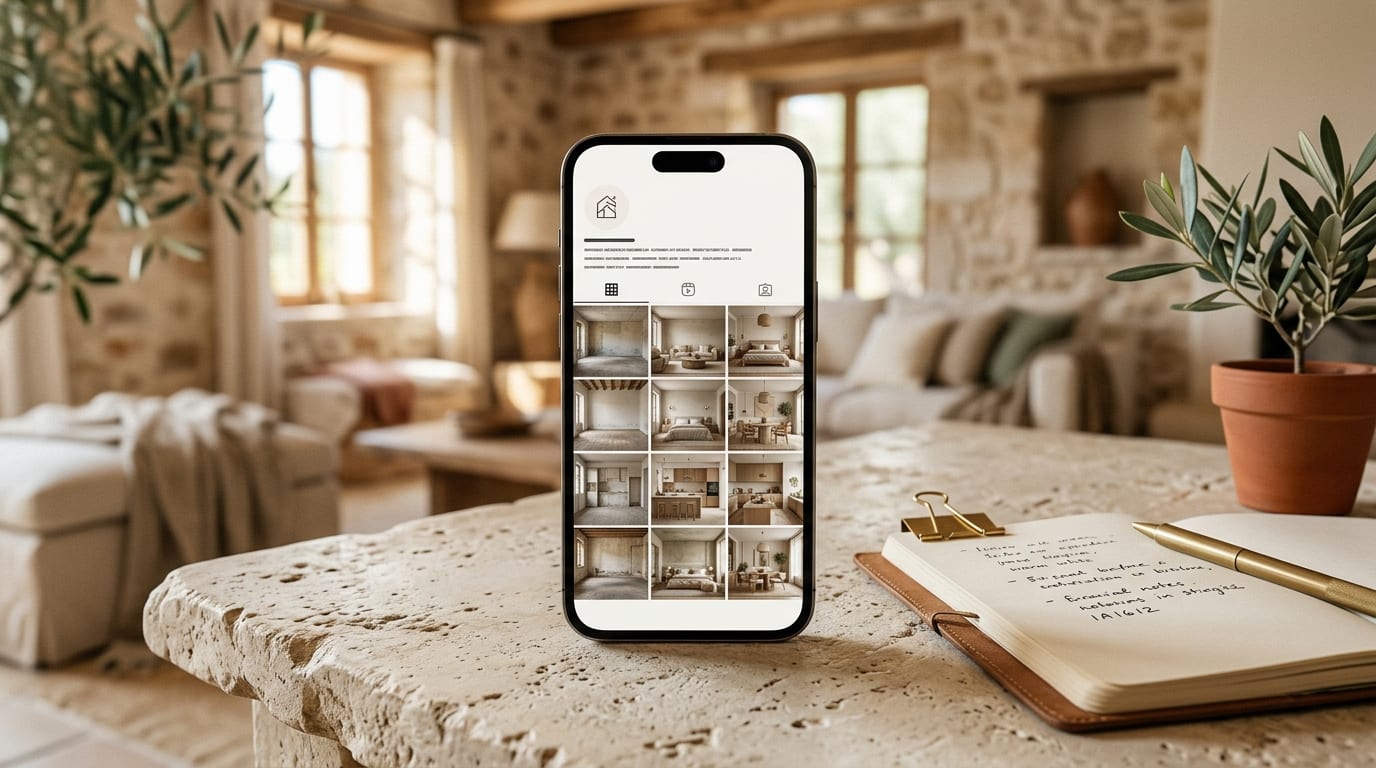 A stylish real estate agent's Instagram feed on a phone screen — cover for AI Staging Marketing: The Before & After Playbook