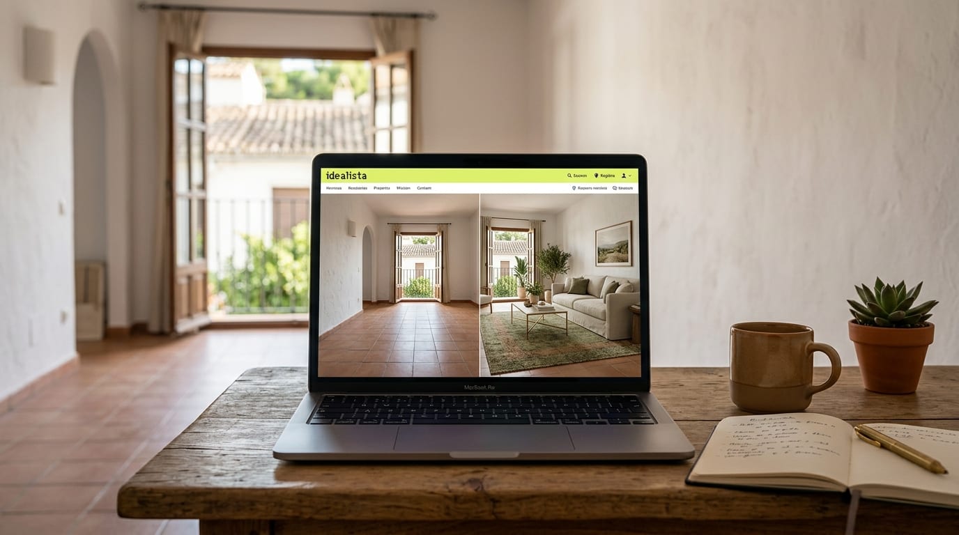 A laptop screen showing a split-view of an Idealista listing photo, half empty — cover for AI Virtual Staging for Idealista: Get More Views