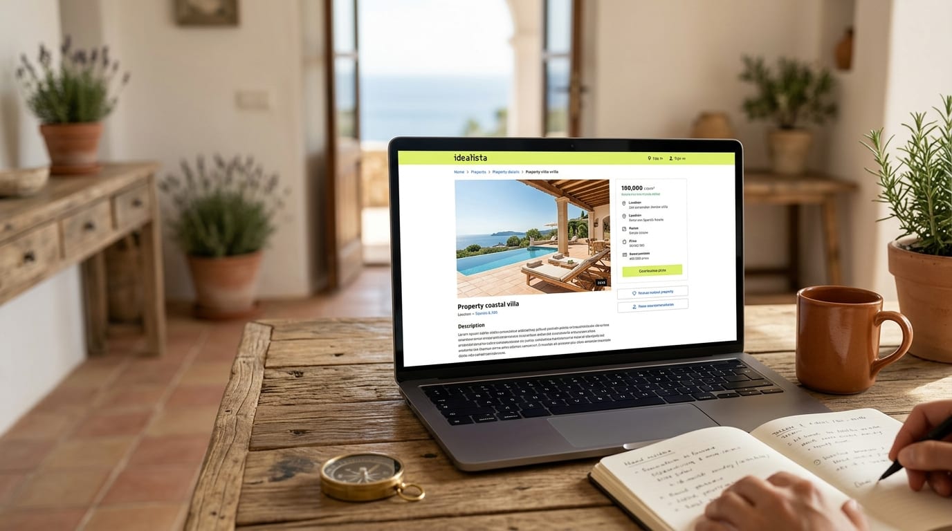 A laptop screen showing an Idealista property listing with a stunning, — cover for Optimize Idealista Photos with AI: A 2026 Guide